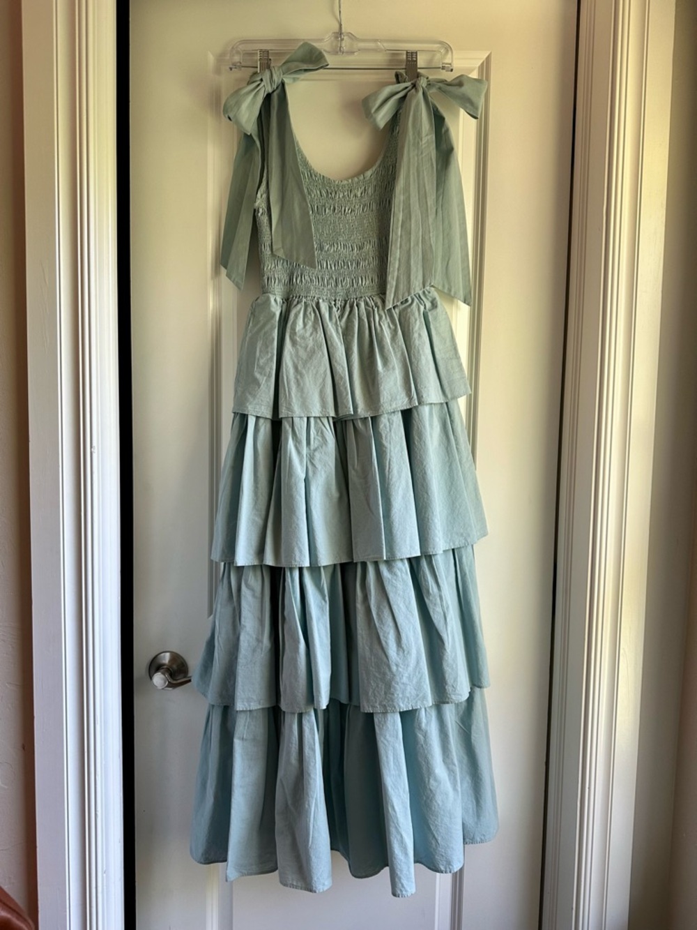 Petal + Pup Tiered Tie-Shoulder Maxi Dress in Light Blue size Small